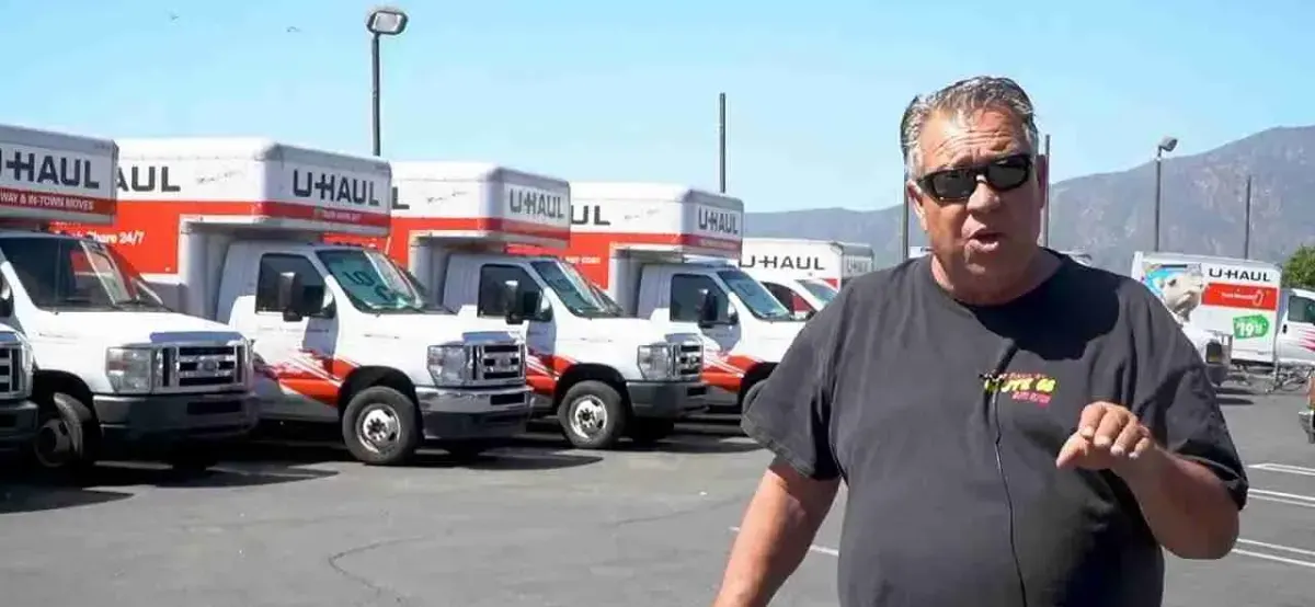 U-Haul trucks lined up on the Route 66 Auto Repair lot in Upland